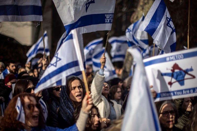 Protesters outside United Nations headquarters in New York on Monday ahead of a presentation inside on sexual violence by the perpetrators of the Hamas-led attack on Israel on October 7th. Photograph: Dave Sanders/New York Times
                      