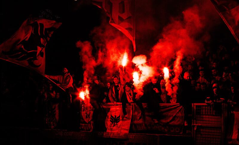 Shelbourne fans celebrate during the Premier Division champions' homecoming at Tolka Park on November 2nd. Photograph: Tom Maher/Inpho