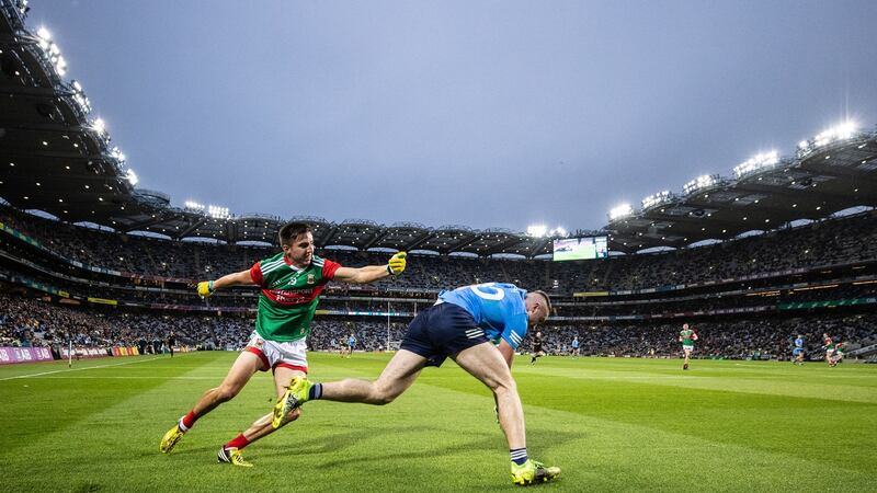 Mayo’s Enda Hession in action against Paddy Small of Dublin at Croke Park. Photograph: James Crombie/Inpho