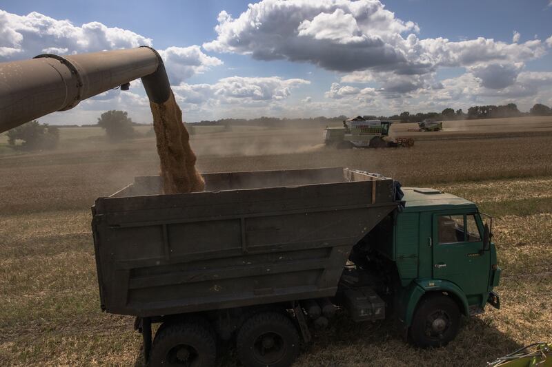 A combine harvester unloads wheat near Obukhiv city in the Kyiv region: Ukraine and Moscow signed a deal to resume grain exports from Black Sea ports. The day after, July 23rd, a Russian missile hit the port of Odesa. Photograph: Roman Pilipey/EPA-EFE