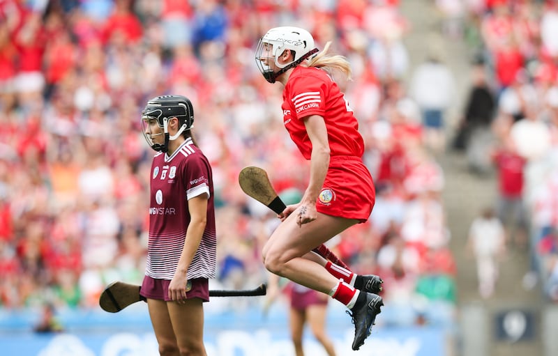 Cork's Pamela Mackey celebrates the final whistle in the All-Ireland camogie final. Photograph: Tom Maher/Inpho