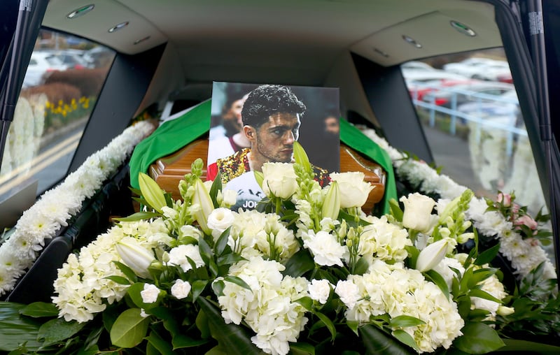 The coffin of John Cooney leaves the Church of St John the Apostle, in Knocknacarra, Co Galway, after his funeral Mass. Photograph: Hany Marzouk/PA Wire