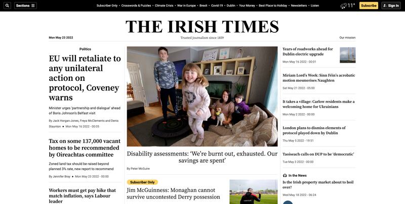 The desktop computer homepage of the newly designed Irish Times website