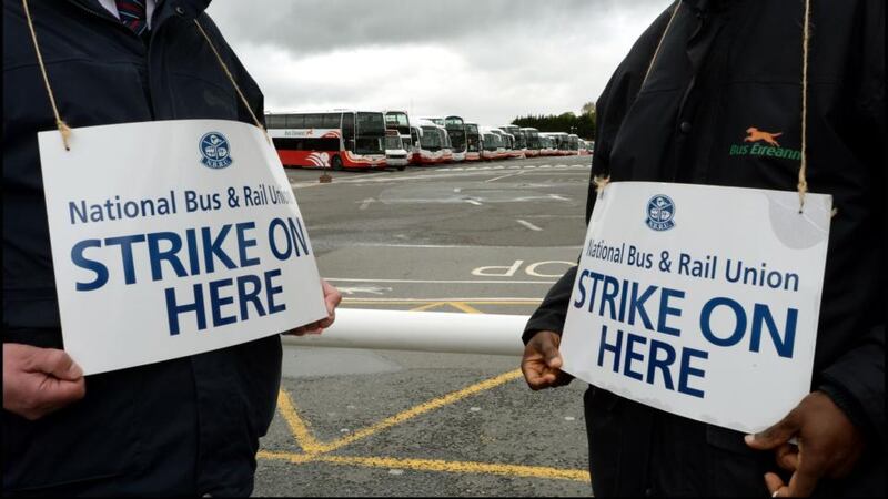 Bus drivers on the picket line at Broadstone station in Dublin during the National Bus and Rail Union industrial action. Photograph: Brenda Fitzsimons