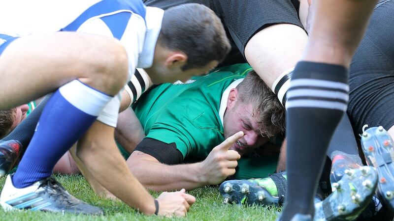 Jordi Murphy scores his try for Ireland against the All Blacks in Chicago. Photograph. Photograph: Dan Sheridan/Inpho