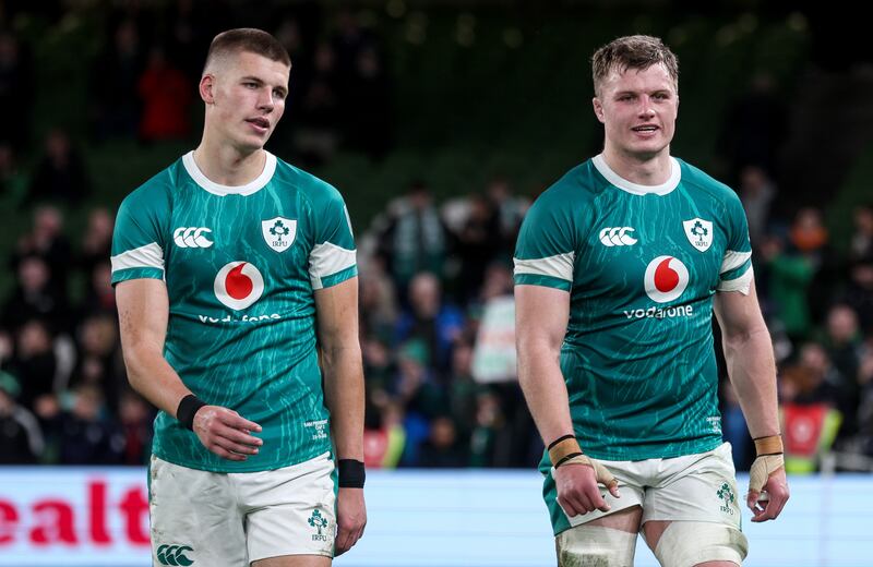 Ireland's Sam Prendergast and Cian Prendergast after the game. Photograph: Ben Brady/Inpho