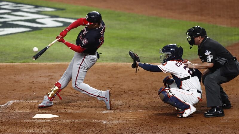 Washington Nationals batter Juan Soto hits a solo home run against the Houston Astros in the top of the fifth inning of Game 6  of the World Series  at Minute Maid Park in Houston. Photograph:  Larry W Smith/EPA