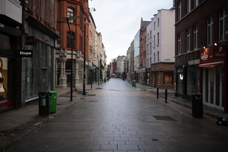 Grafton Street, Dublin’s main city centre shopping district, was empty as Storm Éowyn forced people to stay home amid red weather warnings. Photograph: Chris Maddaloni/The Irish Times