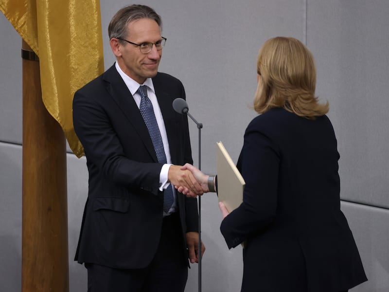 Bundestag president Baerbel Bas swears in new finance minister Jörg Kukies (left) at the Bundestag the day after Chancellor Olaf Scholz had fired Christian Lindner from the position, on November 7th, 2024 in Berlin, Germany. Photograph: Sean Gallup/Getty