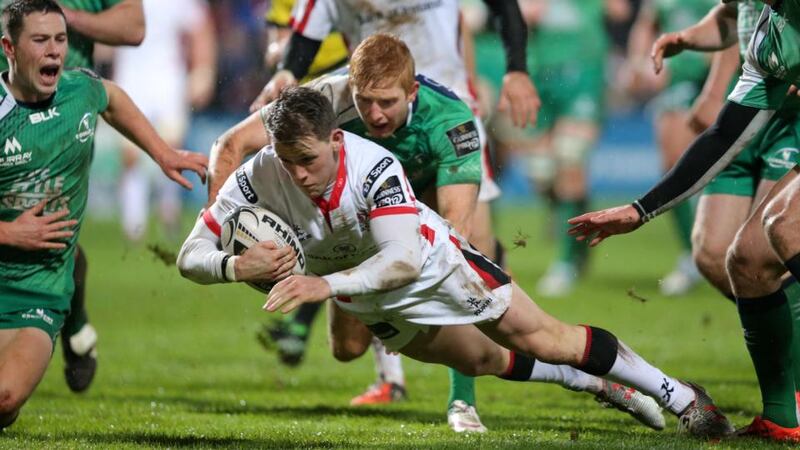 Craig Gilroy breaks through for an Ulster try against Connacht. Photograph: Darren Kidd/Inpho