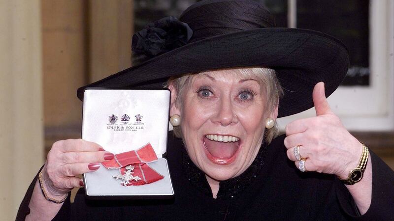 Liz Dawn at Buckingham Palace after she received an MBE. Photograph: Sean Dempsey/PA Wire