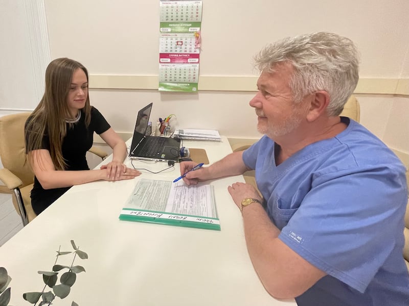 Yuliia Opelya, a Ukrainian, consults Prof Stefan Khmil at his fertility clinic in Lviv. Photograph: Daniel McLaughlin