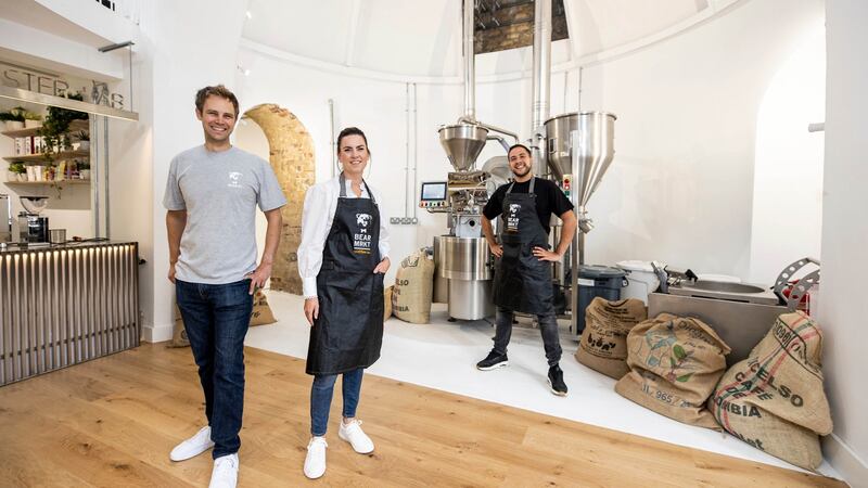 Bear Market Coffee founders Stephen and Ruth Deasy with head barista Gianluca Mereu at the former church in Dublin’s Stillorgan. Photograph: Andres Poveda