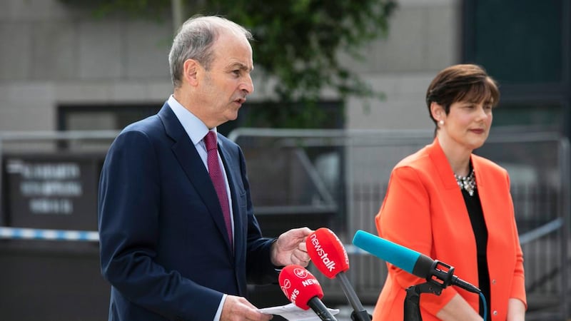 Taoiseach Micheál Martin and Minister for Education Norma Foley at the Department of Education in Marlborough Street, Dublin on Friday, at a briefing on plans to reopen schools  in August. Photograph: Julien Behal Photography