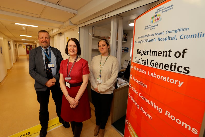 Consultant clinical geneticist Prof Andrew Green, consultant clinical geneticist and lead for cancer genetics Dr Lisa Bradley, and registered genetic counsellor Karen Pierpoint, at Children's Health Ireland at Crumlin, Dublin. Photograph: Alan Betson 
