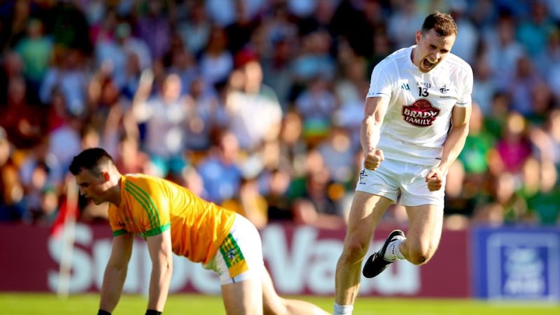 Cathal McNally celebrates Kildare’s first goal. Photograph: James Crombie/Inpho