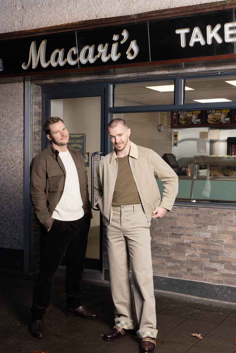 Jack Reynor wears: Khaki over-shirt, Belstaff, €295; cream knit, Inis Meáin Knitwear, €560; corduroy trousers, M&S, €50; boots, M&S, €110. Sam Keeley wears: cream jacket, Burberry at Brown Thomas, €1,690; Khaki T-shirt, Boss at Zalando, €54.95; cream trousers, Burberry at Brown Thomas, €890; loafers, Louis Vuitton SS25 coming soon. Photograph: Emily Quinn