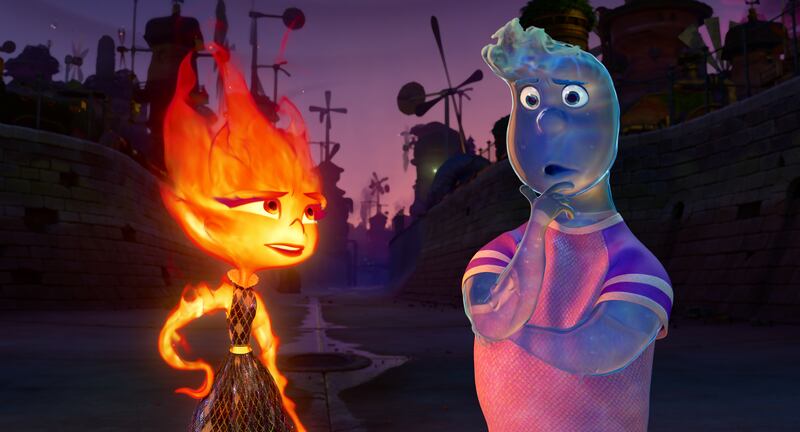 Elemental's Ember and Wade: The film echoes one aspect common to so many films on the immigrant experience. The younger generation’s greater level of assimilation plants barriers between themselves and their parents. Photograph: © 2023 Disney/Pixar. All Rights Reserved.