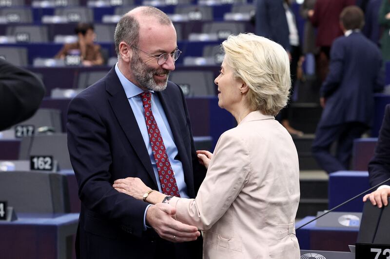 President of the centre-right European People's Party Manfred Weber with Ursula von der Leyen: Weber is likely to try undo a law banning the sale of new petrol and diesel engine cars from 2035. Photograph: Frederick Florin/AFP