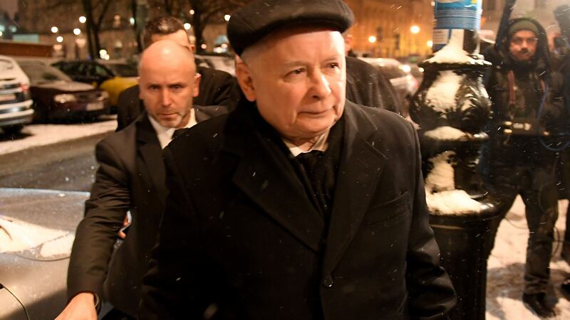 Jaroslaw Kaczynski, leader of Poland’s ruling PiS party, arrives for a meeting with German chancellor Angela Merkel. Photograph: AFP/Getty Images