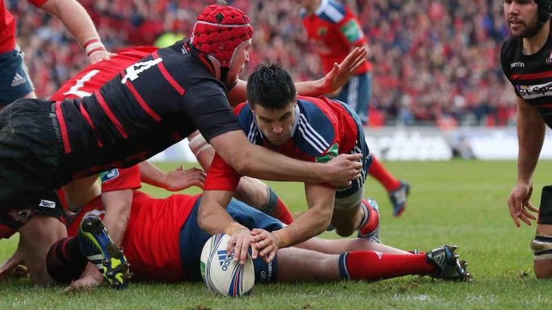 Conor Murray scores the third  try at Thomond Park.  Photograph: Billy Stickland/Inpho