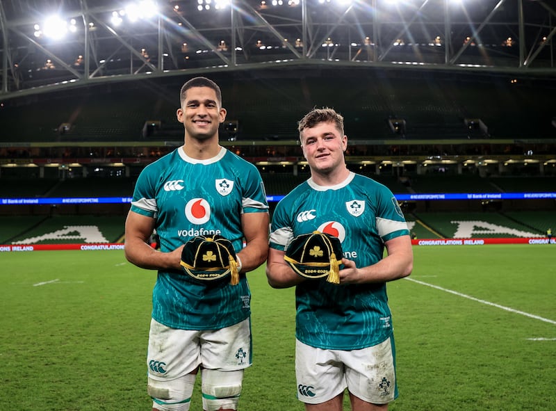 Cormac Izuchukwu and Gus McCarthy with their first senior caps after Ireland's win over Fiji. Photograph: Dan Sheridan/Inpho