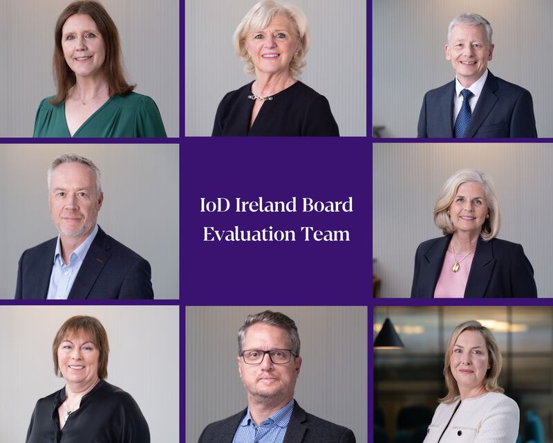 Our highly qualified Board Evaluation team (L to R): Meet Dr Margaret Cullen, Carol Bolger CDir, Michael O'Donovan CDir,  Tony Lawless CDir, Marie Collins CDir, CDir, Clare Duignan, Hugh McCallum, and Caroline Kinsella