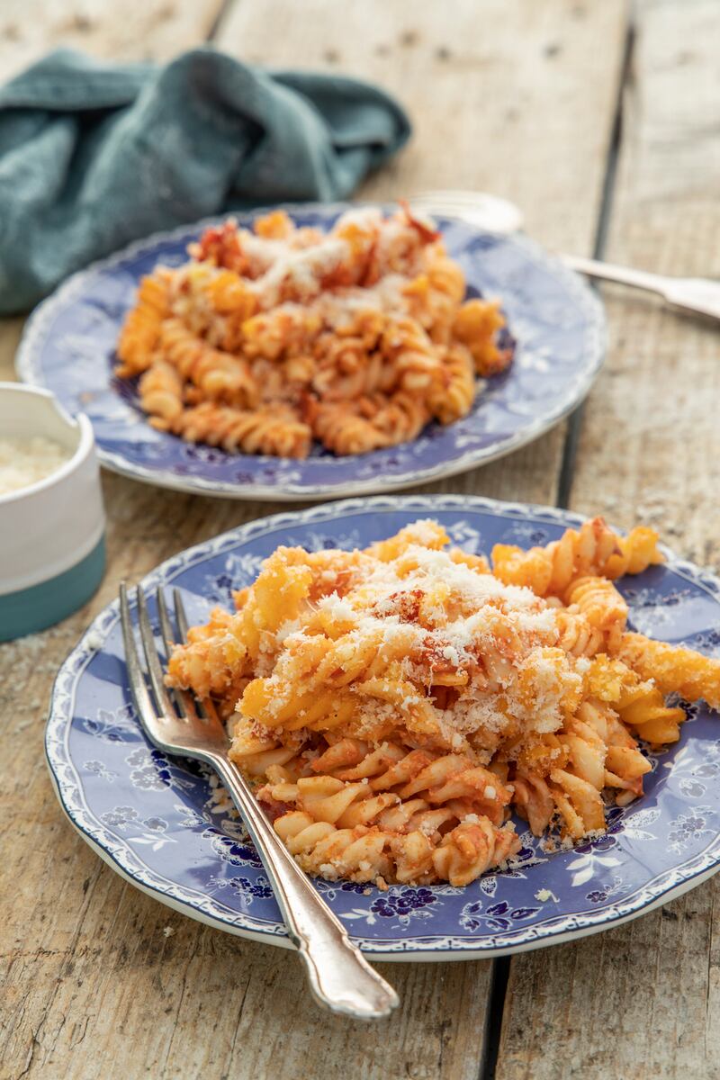 Baked pasta with chorizo and parmesan