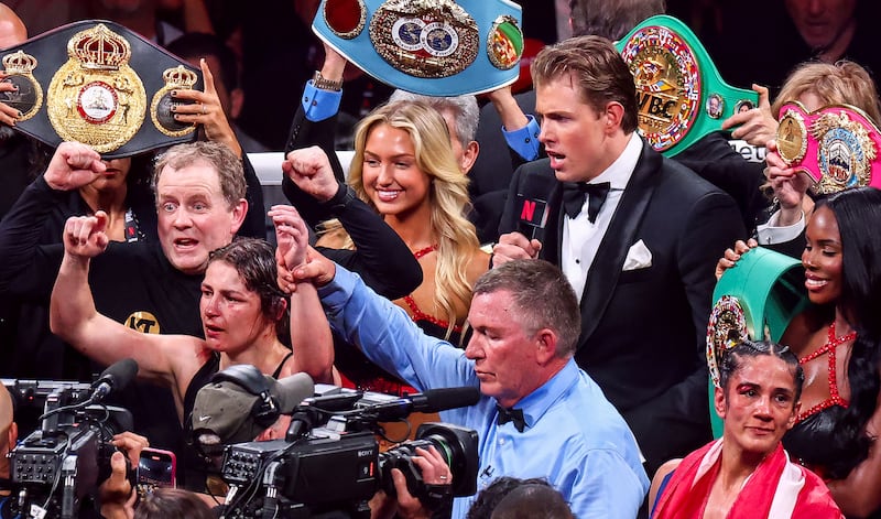 Katie Taylor is announced as the winner of an outstanding contest with Amanda Serrano. Photograph: Ed Mulholland/Inpho
