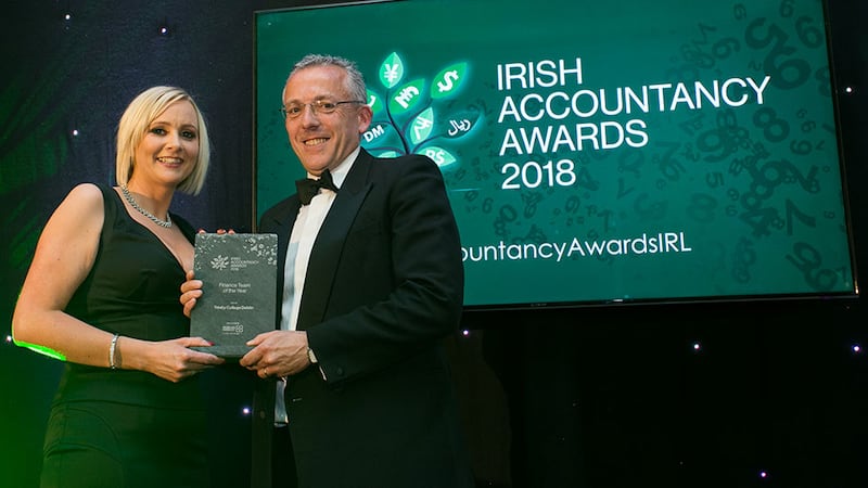 Aileen McCarney, Associate Director, Morgan McKinley presents the Finance Team of the Year award to Ian Mathews, The University of Dublin, Trinity College