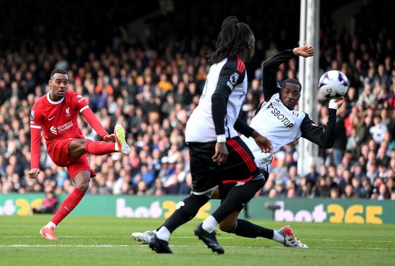 Liverpool's Ryan Gravenberch scores against Fulham during a Premier League match at Craven Cottage, London, on April 21st, 2024. Photograph: Justin Setterfield/Getty Images