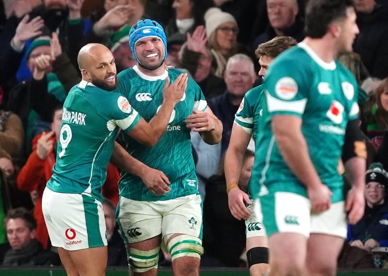 Ireland's Tadhg Beirne celebrates scoring his side's third try. Brian Lawless/PA Wire.

