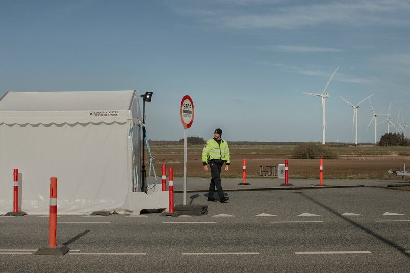 A makeshift control point in Saed, Denmark, at a more formal border crossing between Denmark and Germany. Photograph: Emile Ducke/New York Times