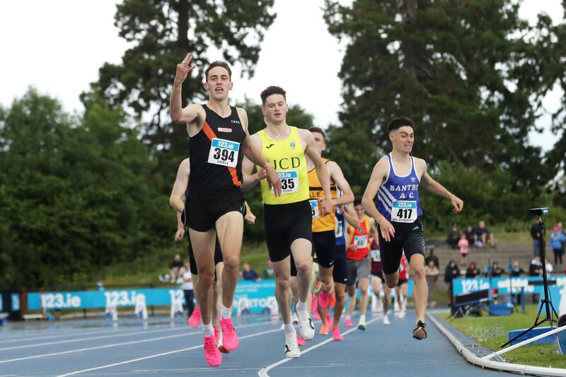 Cathal Doyle of Clonliffe Harriers winning the men's 1,500m final at the national championships. Photograph: Bryan Keane/Inpho