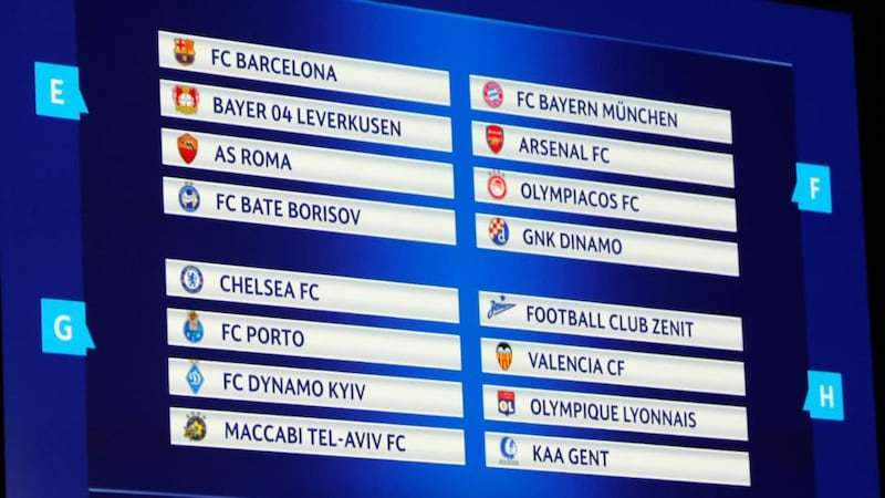 Champions League groups E, F, G, H, on an electronic board after draw at the Grimaldi Forum, in Monaco. Photograph: Claude Paris/AP