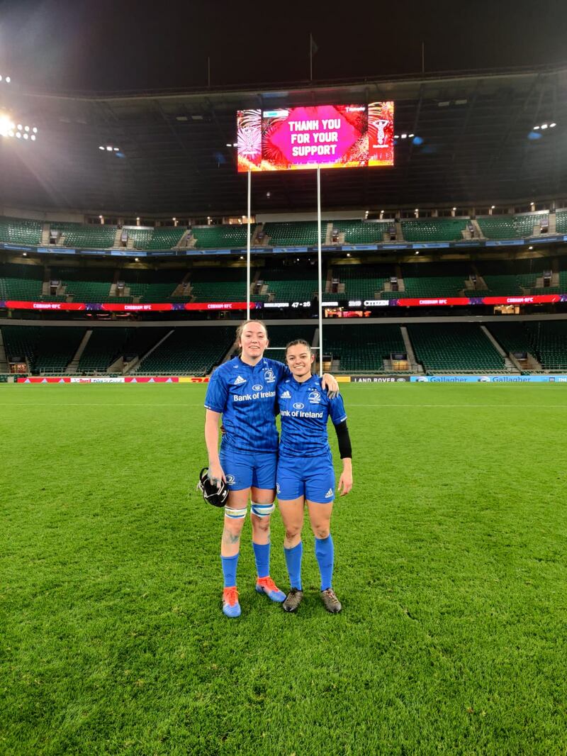 Vanessa Hullon (right) with Clodagh Dunne after Leinster played Harlequins in Twickenham in 2019. 