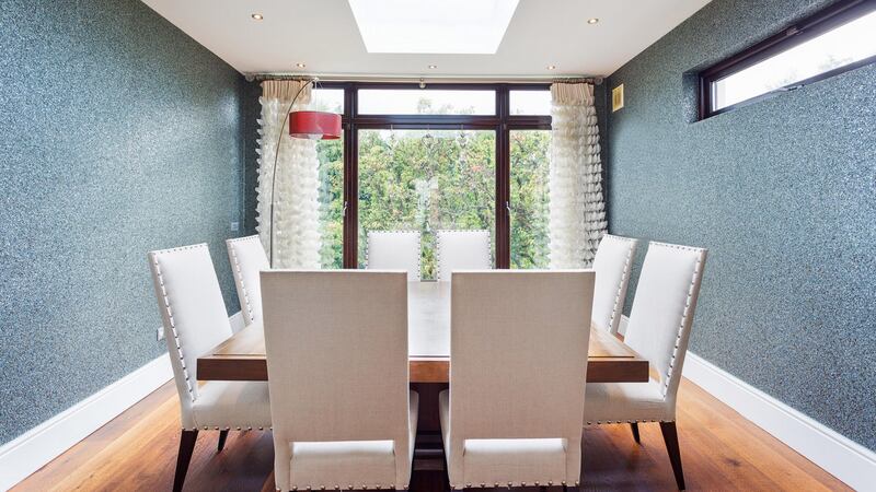 The walls of the diningroom at 6 Garville Road, Rathgar are covered in Omexco Mica