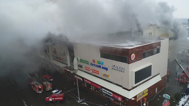 Still photo taken from video provided by Russian Emergencies Ministry shows the site of a fire at a shopping mall in Kemerovo, Russia March 25th, 2018. Photograph: Russian Emergencies Ministry