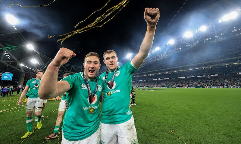 Ireland’s Jordan Larmour and Garry Ringrose celebrate the victory over Scotland and winning the Six Nations at the Aviva Stadium. Photograph: Dan Sheridan/Inpho 