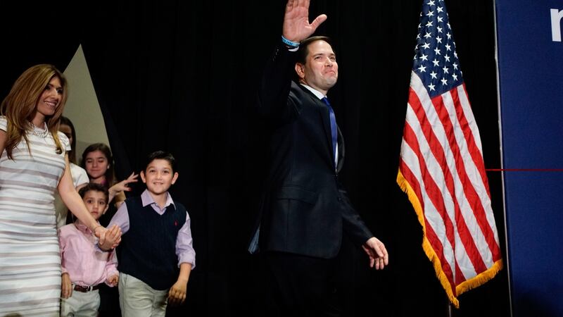 US  Republican presidential candidate  Senator Marco Rubio walks on stage with his family at a primary night rally  in Miami, Florida. Mr Rubio announced he was suspending his campaign after losing his home state to Republican rival Donald Trump. Photograph:  Angel Valentin/Getty Images.