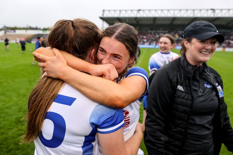 Waterford's Shauna Fitzgerald and Keeley Corbett Barry celebrate after the final whistle All-Ireland Senior Camogie Championship Semi-Final against Tipp. Photograph: Inpho