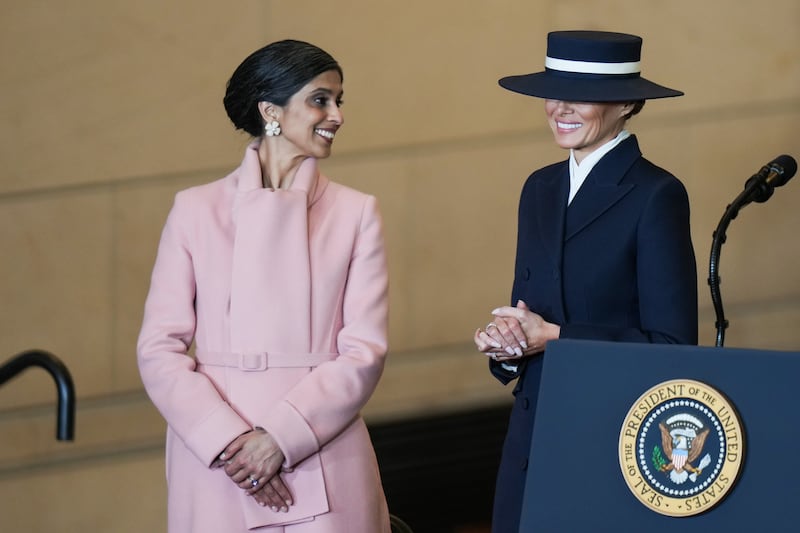 Second Lady Usha Vance (left) and First Lady Melania Trump are seen as President Donald Trump speaks to the crowd in the Emancipation Hall after being sworn in as the 47th president of the United States. Photograph: Angelina Katsanis/Getty Images