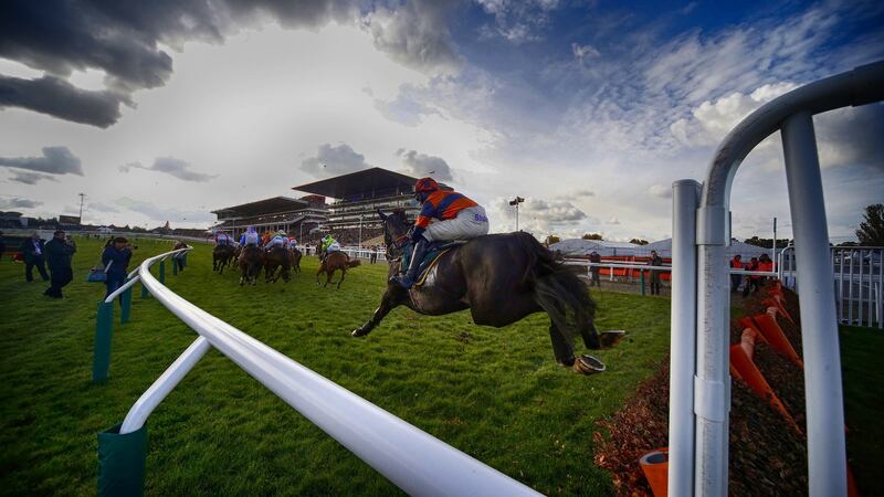 A backmarker clears a flight of hurdles at Cheltenham racecourse. Photograph: Alan Crowhurst/Getty Images