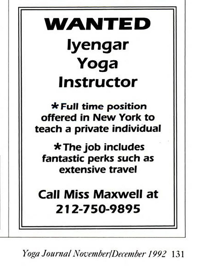 An advertisement placed in Yoga Journal in 1993, listing Miss Maxwell as a contact. Photograph: The New York Times