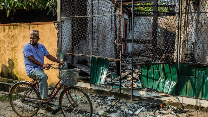 The ruins of a shop in Gintota, Sri Lanka, after mobs of Buddhists from Sri Lanka’s Sinhalese majority marauded through the village, in November  2017. Photograph: Minzayar Oo/The New York Times