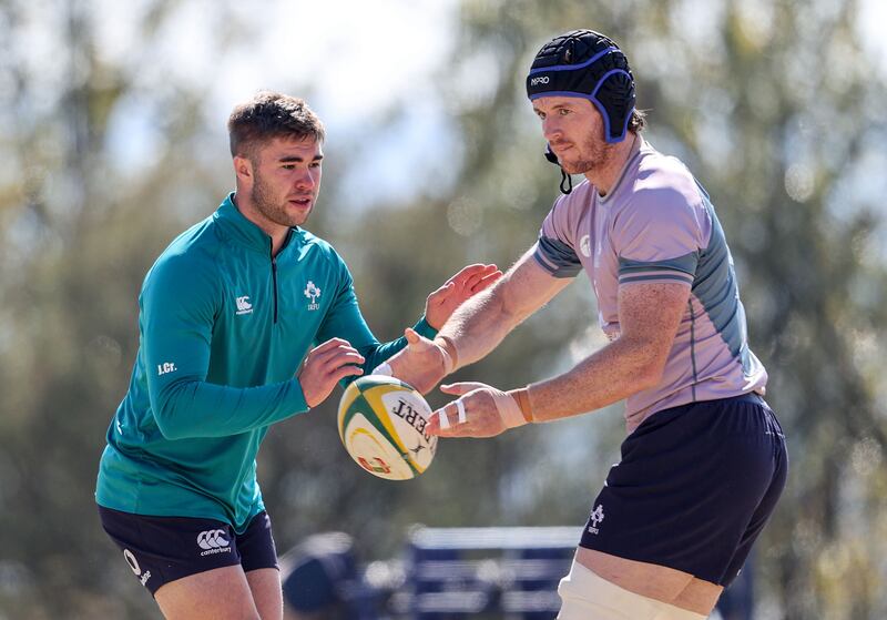 Jack Crowley with Ryan Baird during Ireland squad training in Johannesburg. Crowley can expect special attention from the Springboks. Photograph: Dan Sheridan/Inpho 