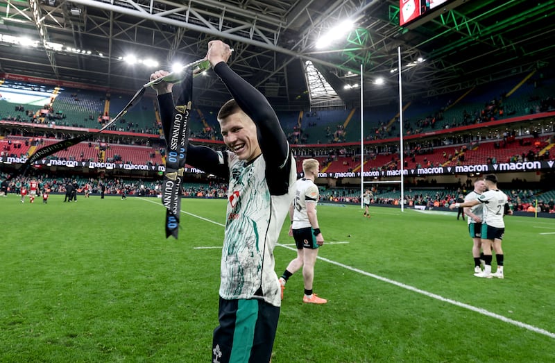 2025 Guinness Six Nations Round 3, Principality Stadium, Cardiff, Wales 22/2/2025 
Wales vs Ireland   
Ireland's Sam Prendergast celebrates after the game
Mandatory Credit ©INPHO/Dan Sheridan