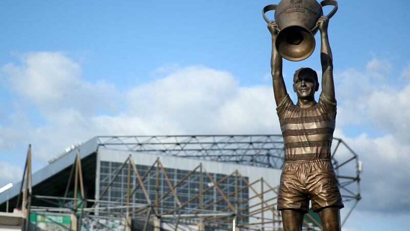 The statue of  Billy McNeill Statue raising the European Cup outside Celtic Park  in Glasgow. Photograph:  Ian MacNicol/Getty Images