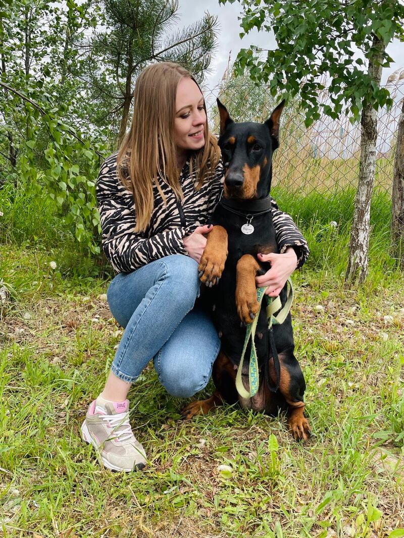 Anastasiia Tromsina and her nine-year-old doberman Birma, which is now in quarantine in Ireland.