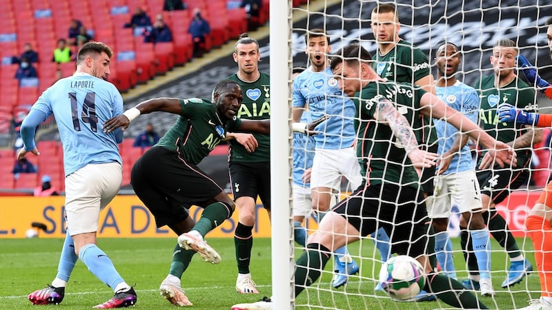 Laporte heads home the winner. Photo: Andy Rain/EPA